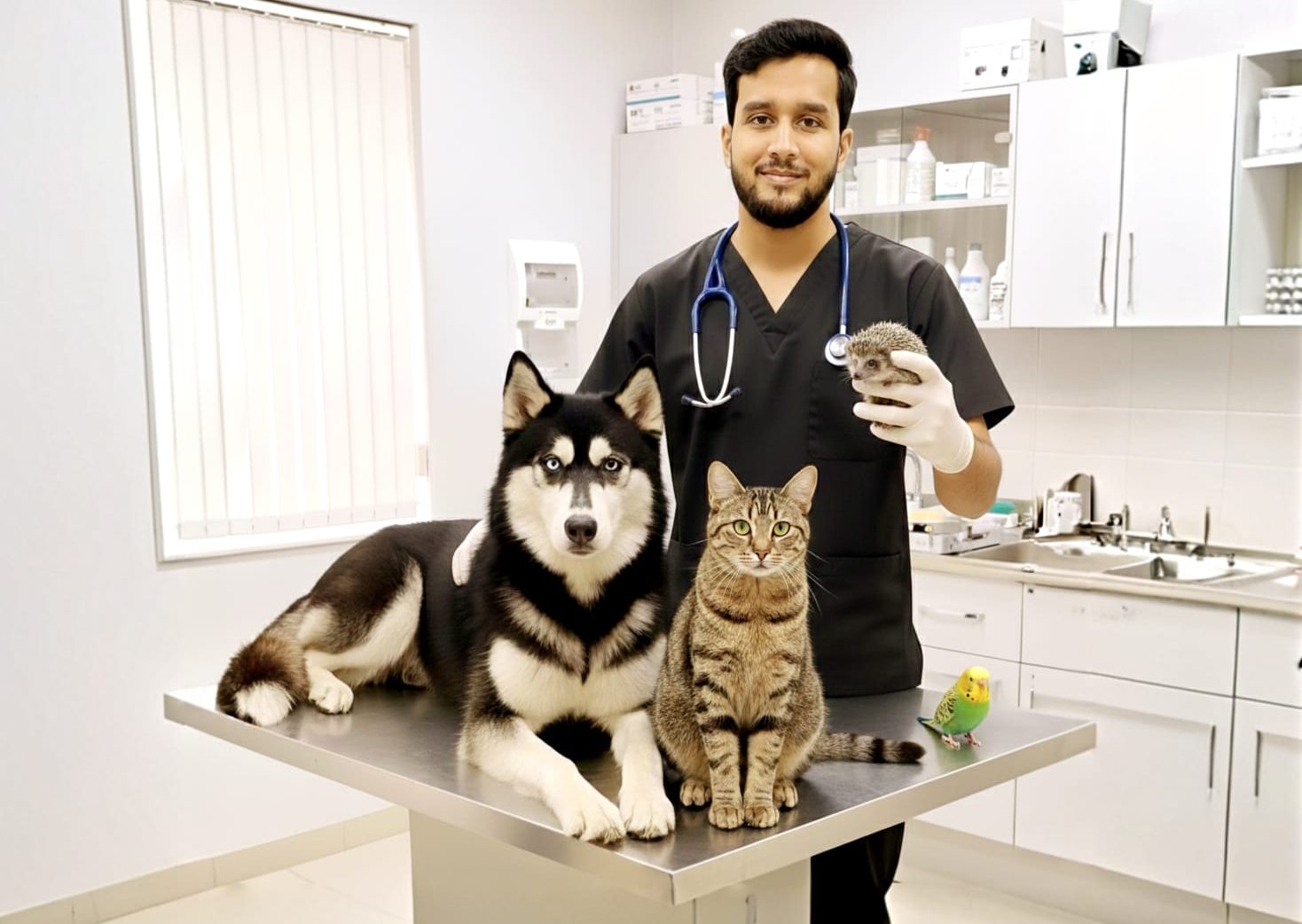 Veterinario y mascotas en el consultorio